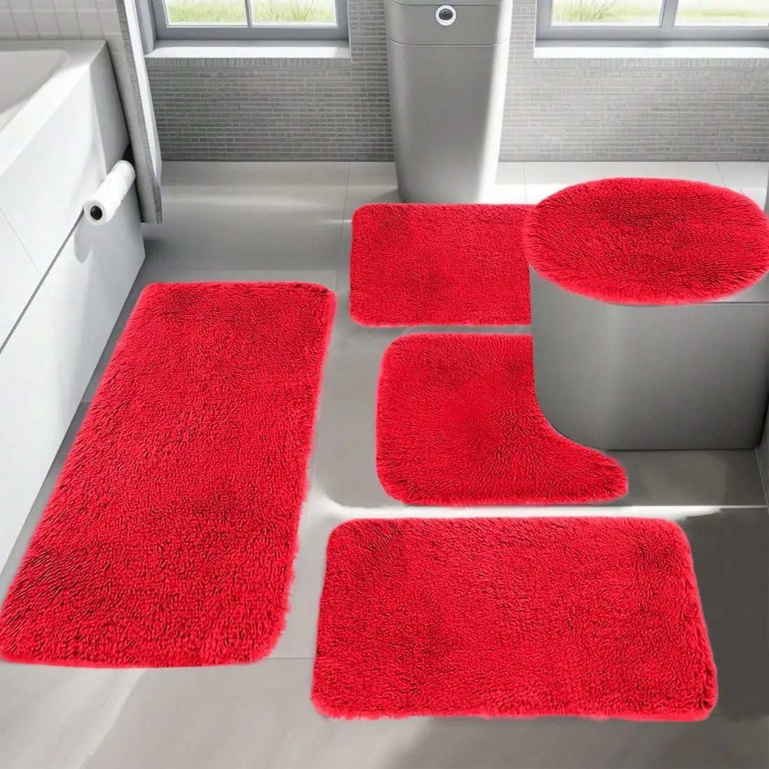 

5-Piece Red Plush Bathroom Rug Set - Soft, Non-Slip, Absorbent & Machine Washable
