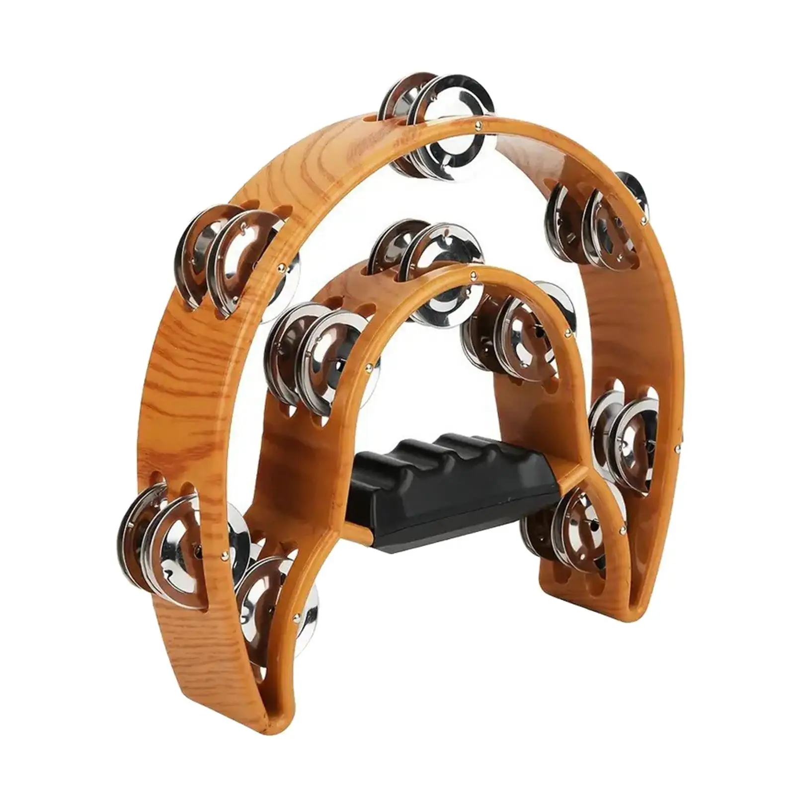

Wooden Double Row Tambourine Handheld Percussion Drum with Steel Bells for Classroom Music and Parties