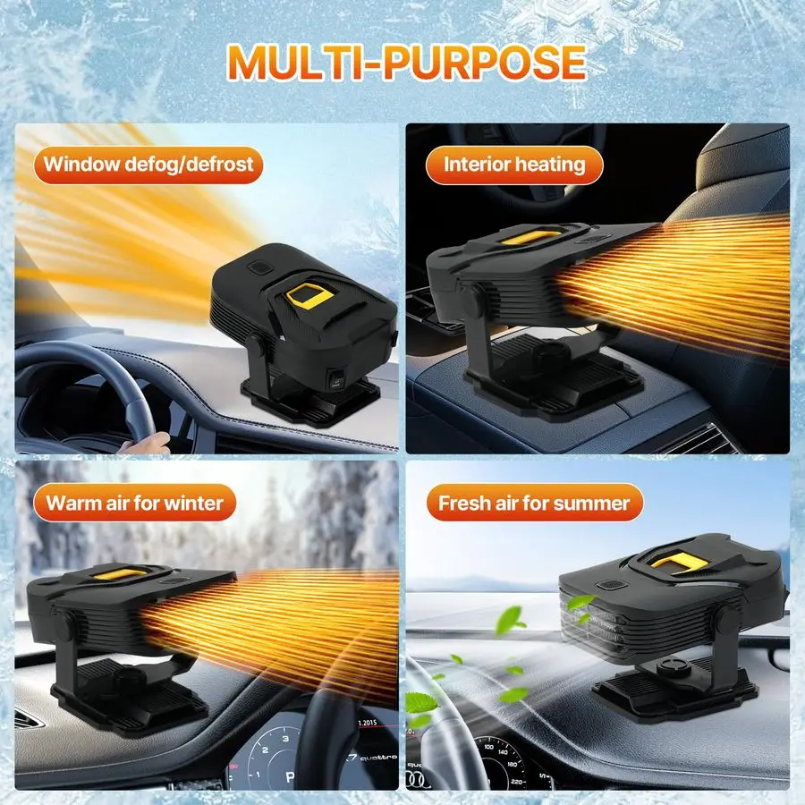 Grzejnik, Ulepszony Przenośny Grzejnik Samochodowy 12V z Funkcją Rozmrażania, Szybkie Nagrzewanie i Chłodzenie, Wentylator z Obrotową Podstawą 360°, Grzejnik Samochodowy do Wtyczki