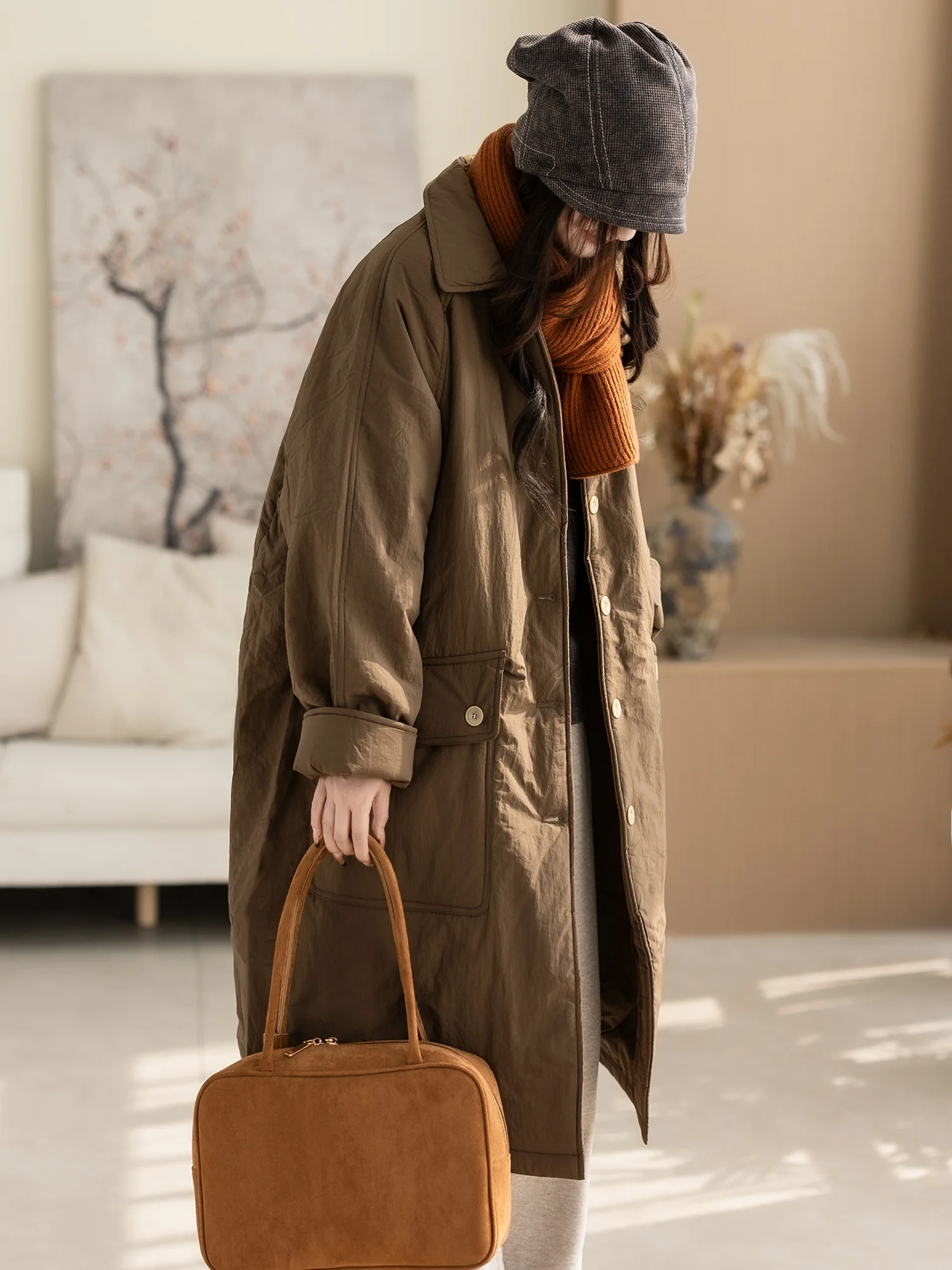 

Kyu Original Retro Sle Loose Fit Mid-Length Women's Cotton Jaet Autumn Winter Patchwork ular Versatile Outerwear