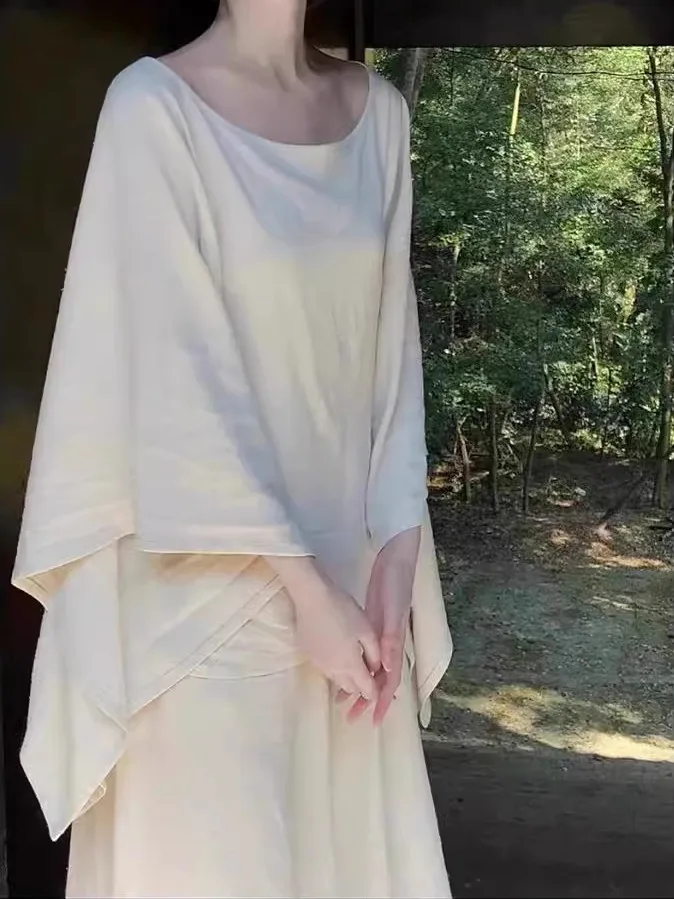New Chinese Style Women's Cotton Linen Shirt Hanfu Healing Set Ancient Zen Style Casual Wear round Neck Long Sleeve Top