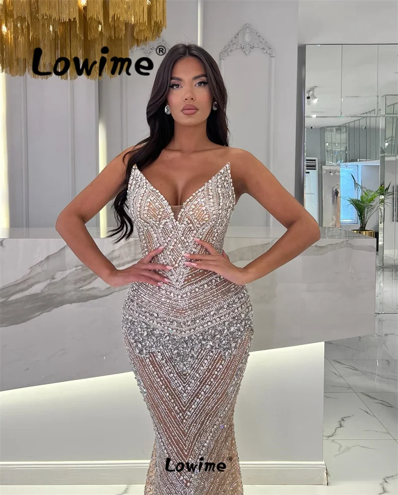 Lowime 2 In 1 Dark Champagne Arabic Evening Dresses 2024 Aso Ebi Crystals Luxury Mermaid Celebrity Dress Prom Gowns Party Dress