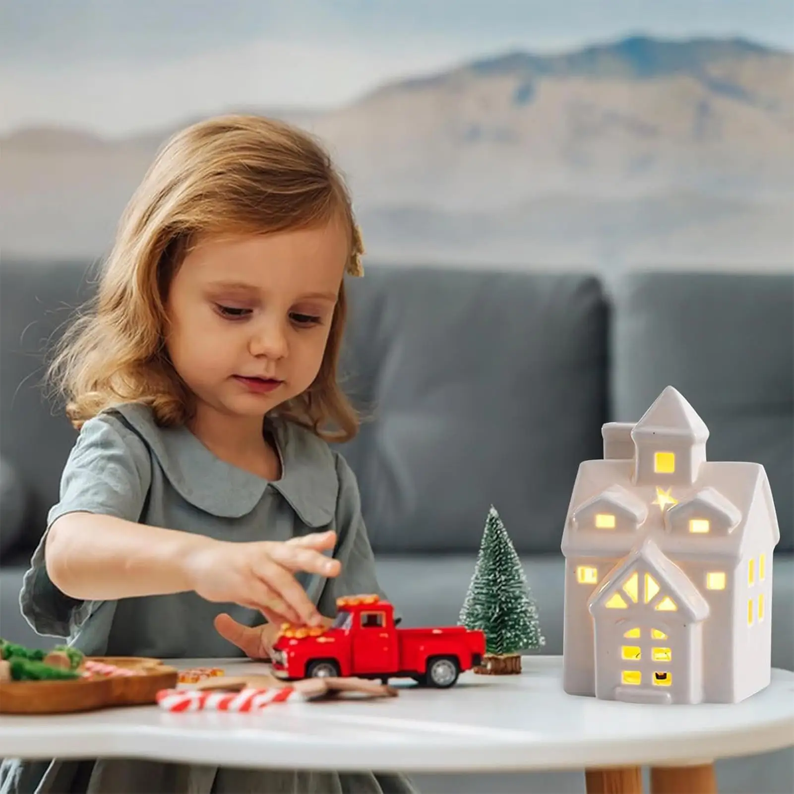 Christmas Houses Ceramic Tabletop Decor With LED Light Christmas Table Decor For Holiday Seasonal Display Indoor Tabletop Mantel