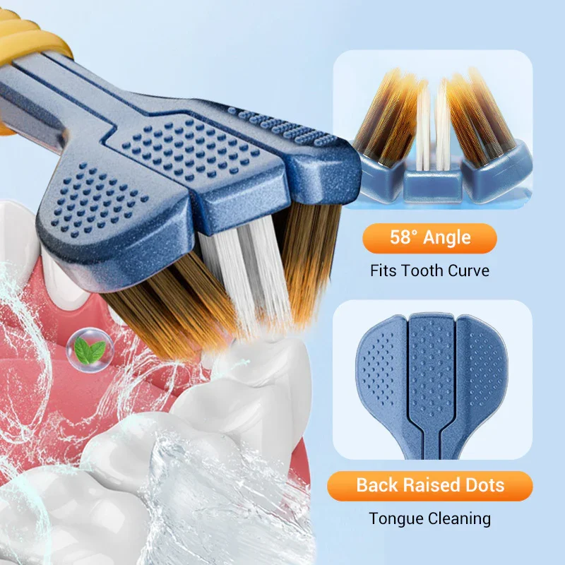 

4pcs 3-Sided Toothbrushes for Adults Soft Bristle Three-side Bristles Multi-angle with Cleaning Tongue Scraper The Wavy Points