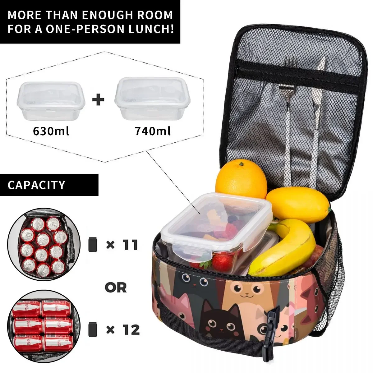 Lunch Bag Cute Cat Insulated Lunch Box For Adult Animals Cartoon Outdoor Picnic Cooler Bag Casual Waterproof Thermal Lunch Bags