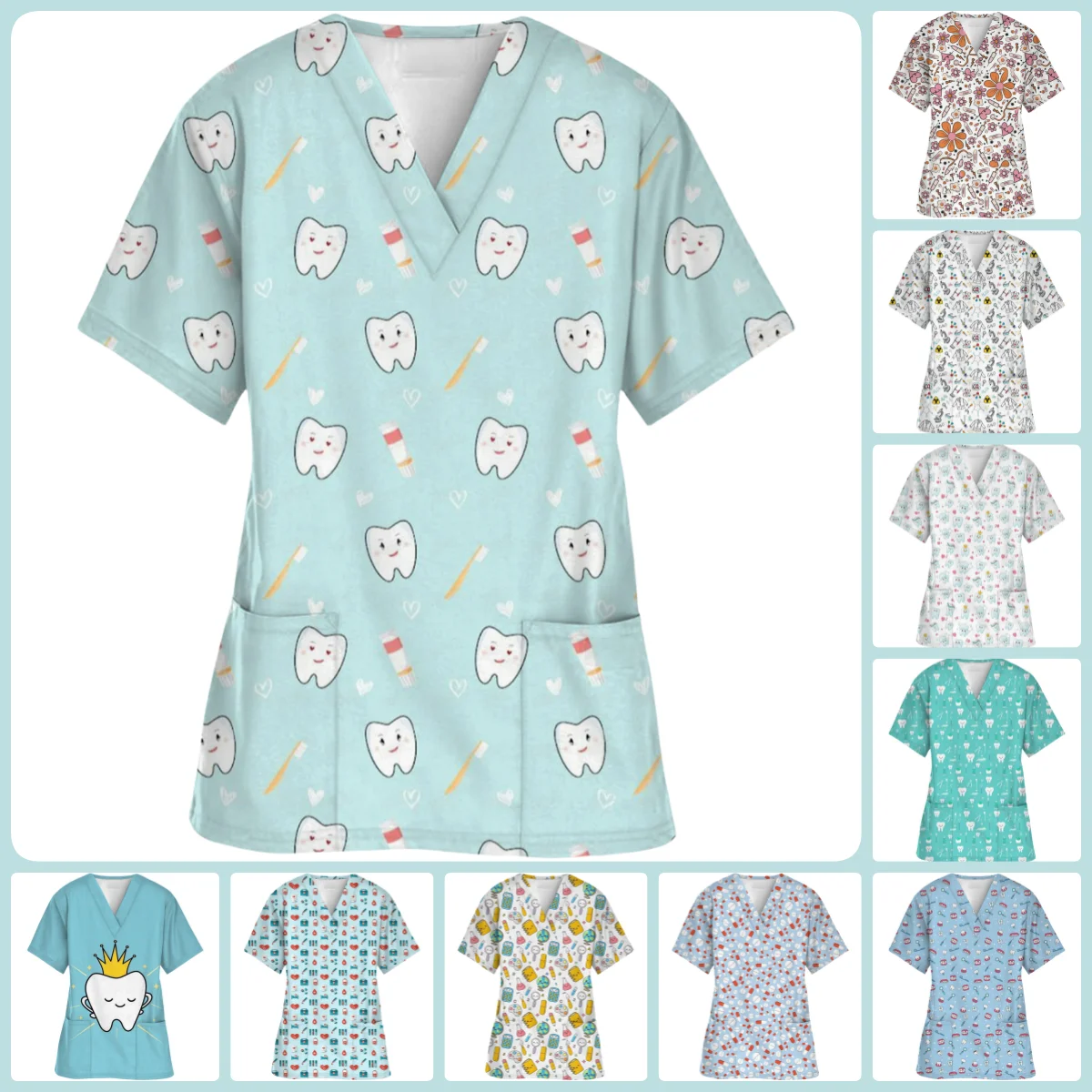 Surgical Uniforms Woman Teeth 3D Print V-Neck Pocket Dentist Scrubs Woman Cartoon Short Sleeve T-Shirt Clinical Uniforms Woman