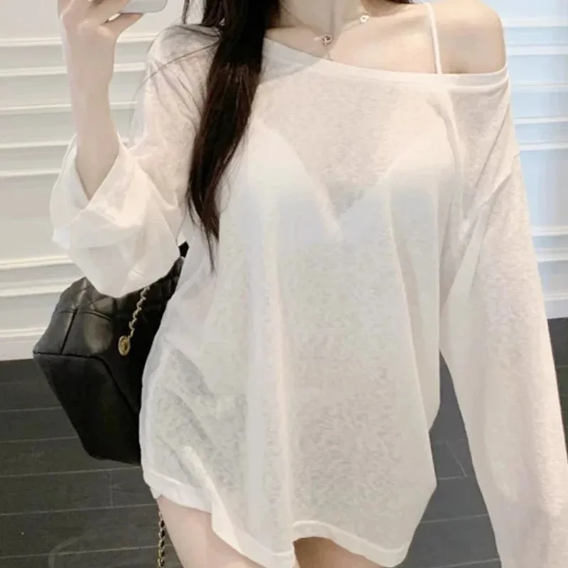 Oversized Smock-frock for Women Sun Protect Casual Loose Top Fashion Bat Sleeves Simple Off Shoulder Korean Baggy T-shirts