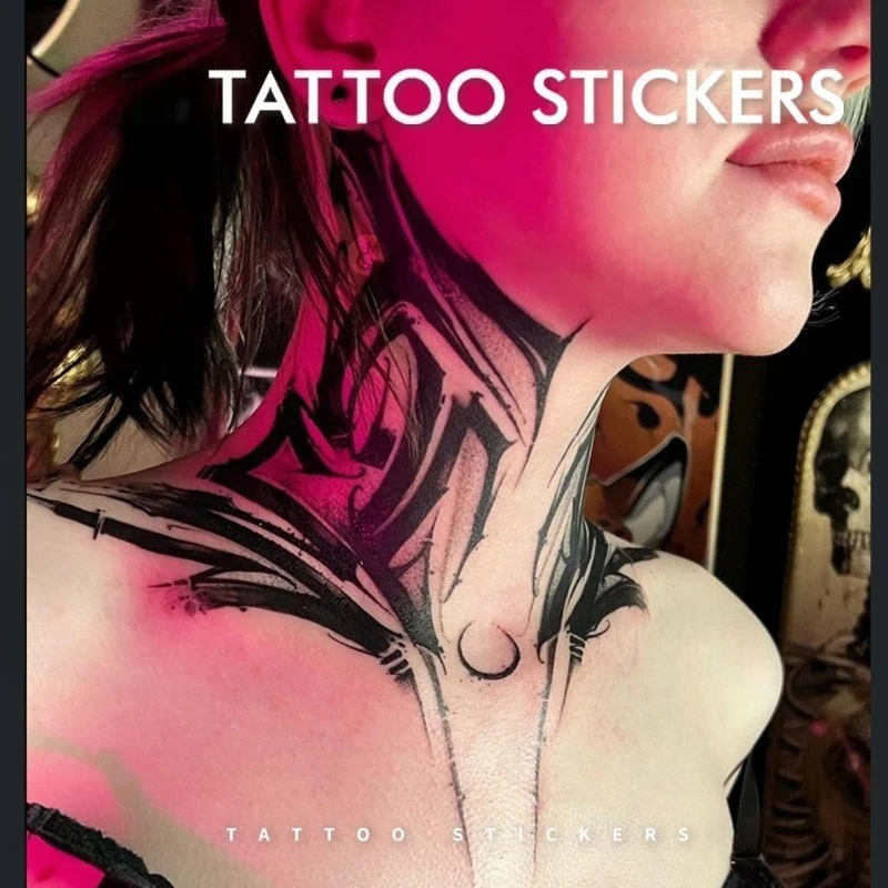 Y2K Pink Succubus Temporary Tattoos for Woman Neck Fake Tattoo Large Pattern Tattoo Sticker Waterproof Punk Dark Sticker