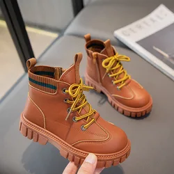 New Autumn Children Leather Boots Boys Shoes Kids Fashion Ankle Boots Rubber Sole Anti-slip Toddler Girls Short Platform Boots