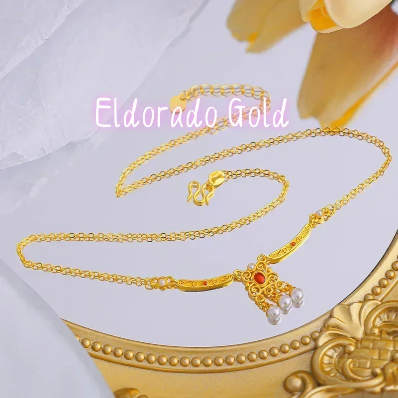 Eldorado Gold  9999 Real Gold 24K Ancient Design Silk Jingyao Pearl Necklace High Color Retro Court Style Necklace