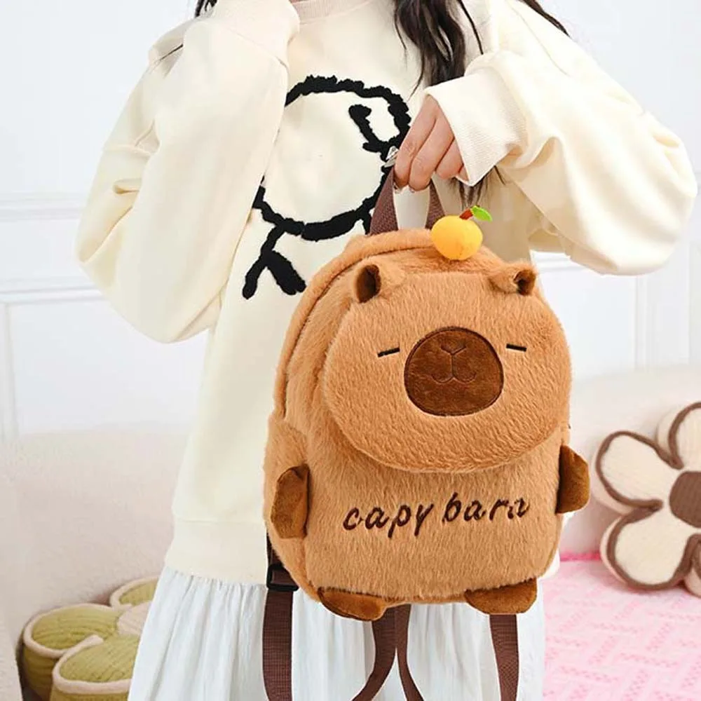 かわいい厚手のカピバラリュック 刺繍入りPPコットン製漫画風アニマルデイパック 軽量で柔らかい大容量スクールバッグ