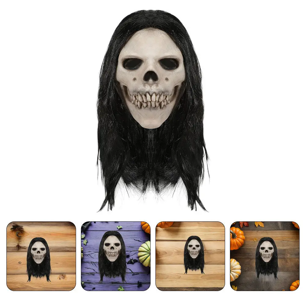 Premium Latex Realistic Skull Mask Full Face Head Cover with Hair Halloween Cosplay Prop Haunted Escape Room