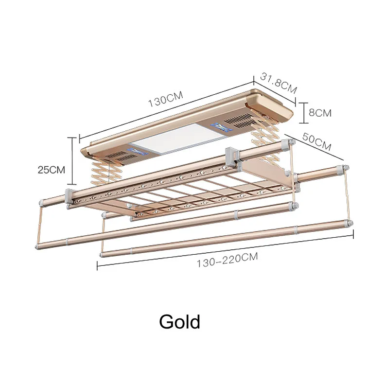 Cremalheira de secagem retrátil com ventilador e luz UV, cremalheira elétrica do teto do auto do alumínio, cor do ouro, 2023