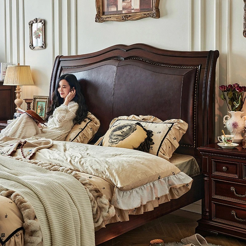 American solid wood bed old silk teak wood top layer oil wax leather full solid wood 2m master bedroom large bed