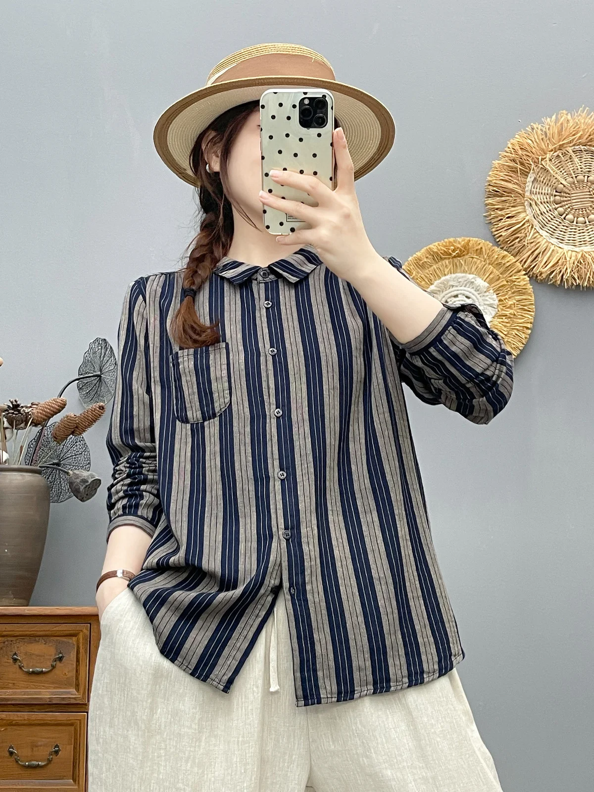 

2026 Blusas Femininas Vintage Striped Shirts and Blouses for Women Autumn Spring Japan Style Cotton Yarn Stripes Long Sleeve Top