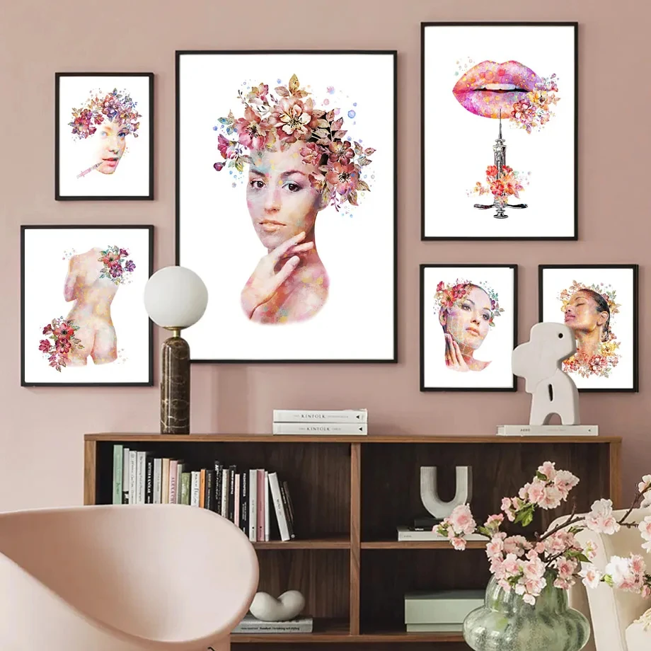

Watercolour Woman Flowers Lips Slim Leg Spa Beauty Salon Wall Art Print Canvas Painting Nordic Poster Pictures Living Room Decor