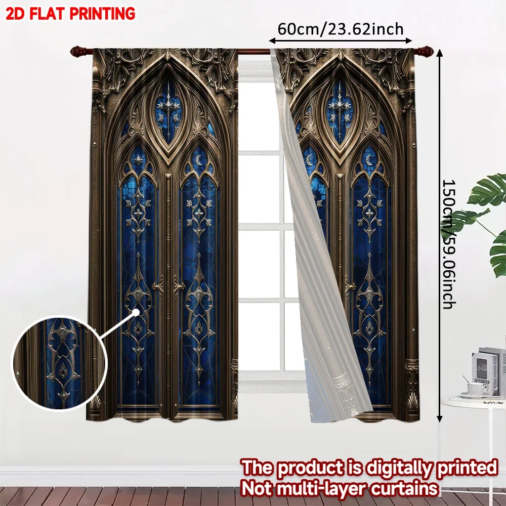 2D flat printing 2pcs Curtain Curtain Gothic Blue Stained Glass Digital Printed Polyester Drapes Family Party Decoration Perfect