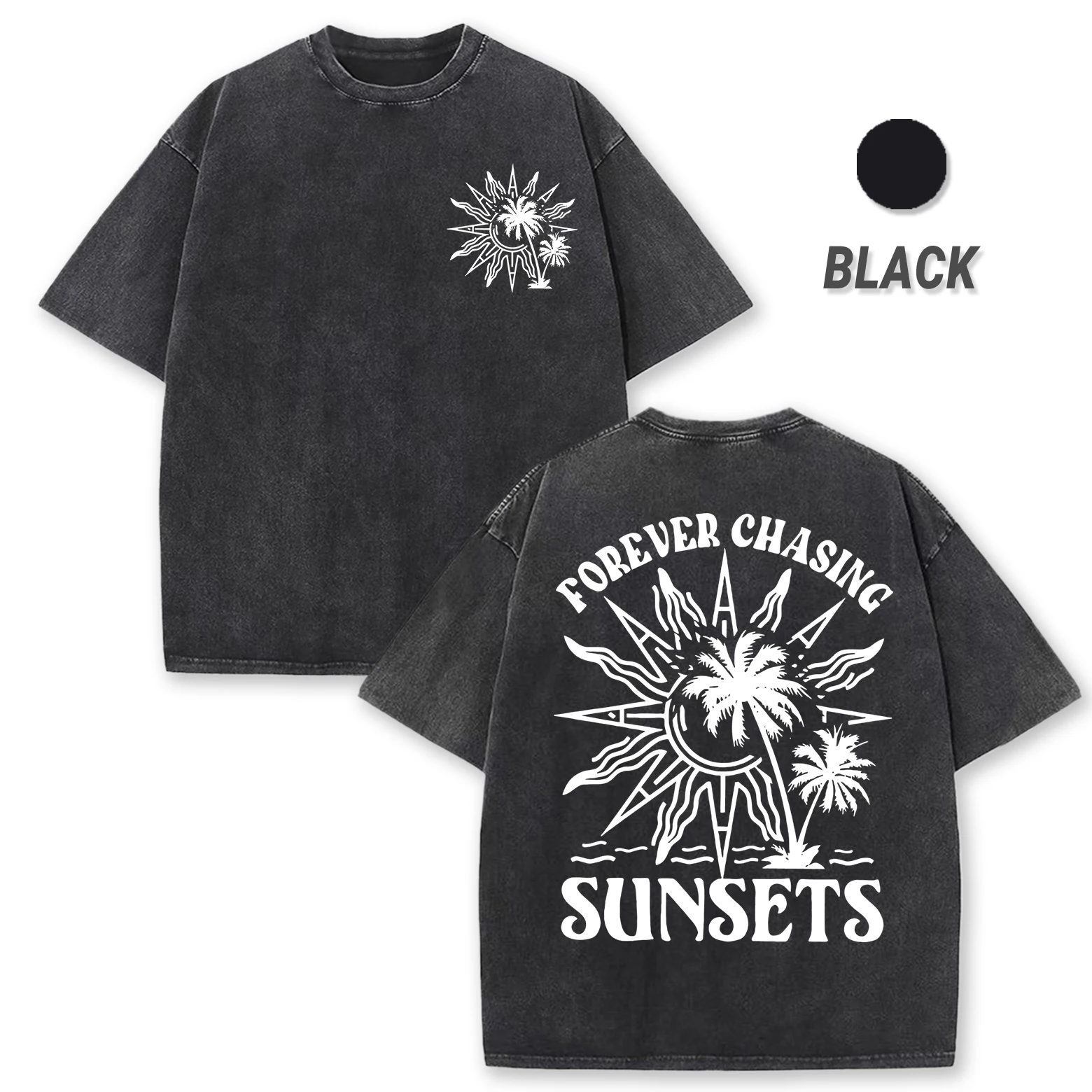 

Forever Chasing Sunsets Пляжная стираная футболка с принтом Мужская повседневная футболка с круглым вырезом Хлопковая свободная одежда Летняя мода Мужские футболки