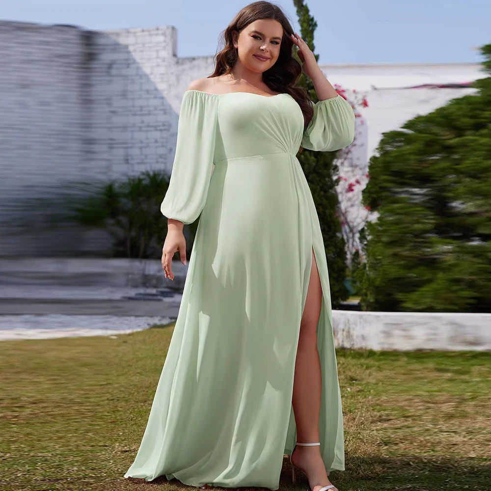 BAZIIINGAAA Party Dress Plus Chiffon Maxi Long One Shoulder Evening Dresses With Lantern Sleeves Evening dress