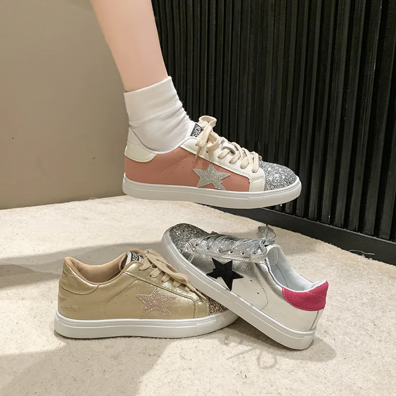 Plus Size Women 2024 New Retro Star Sneakers, Casual Comfortable Dirty Shoes Sequin Lace Up Non Slip Casual Comfortable Flats view 6