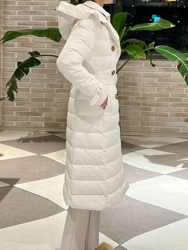Jaet mi-long en duvet pour femmes, manteau Sli à Double boutonnage, avec plumes blanches Du, amincissant, ceinturé, nouvelle collection 2024
