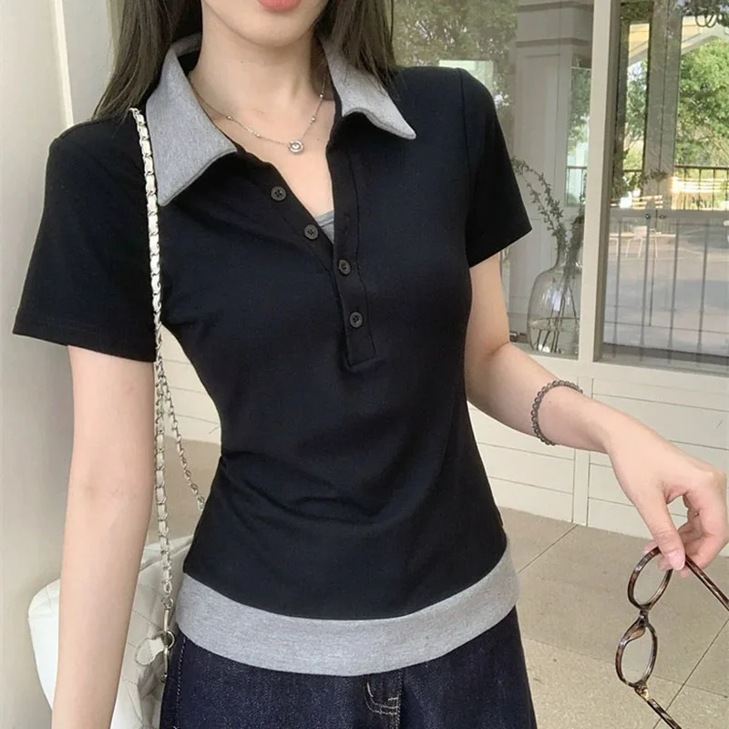 Fashion Positive Shoulder Turndown Collar Tees Ladies Korean Slim Fake Two Pieces Short Sleeved T-Shirts Woman Design Tshirt