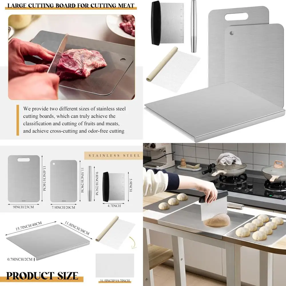 

6-Piece Stainless Steel Double-Sided Cutting Boards with Rolling Pin and Anti-Slip Mesh for Kitchen Use