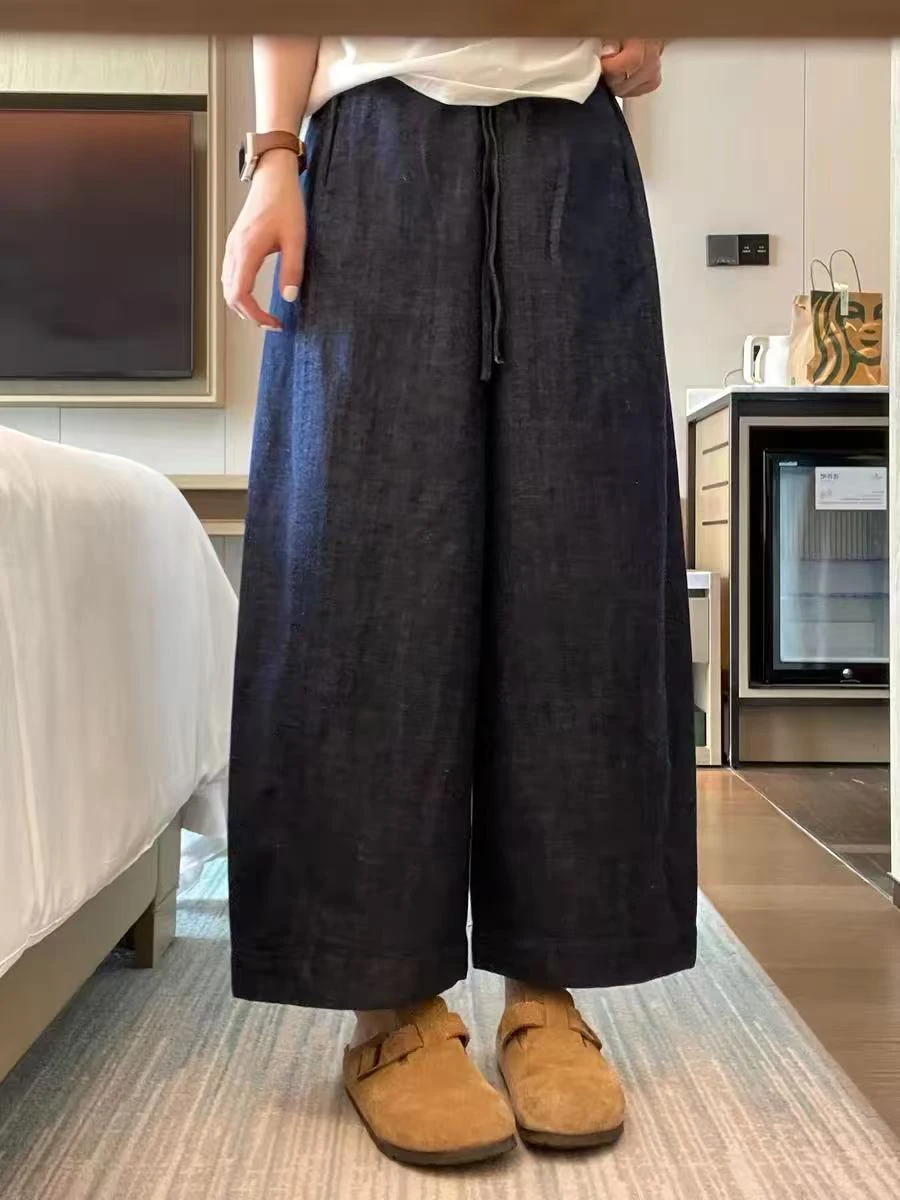 Loose High Waist Wide Leg Blue Jeans Women's Summer Thin Denim Pants Big Size Vintage Straight Cut Trousers Nine Points