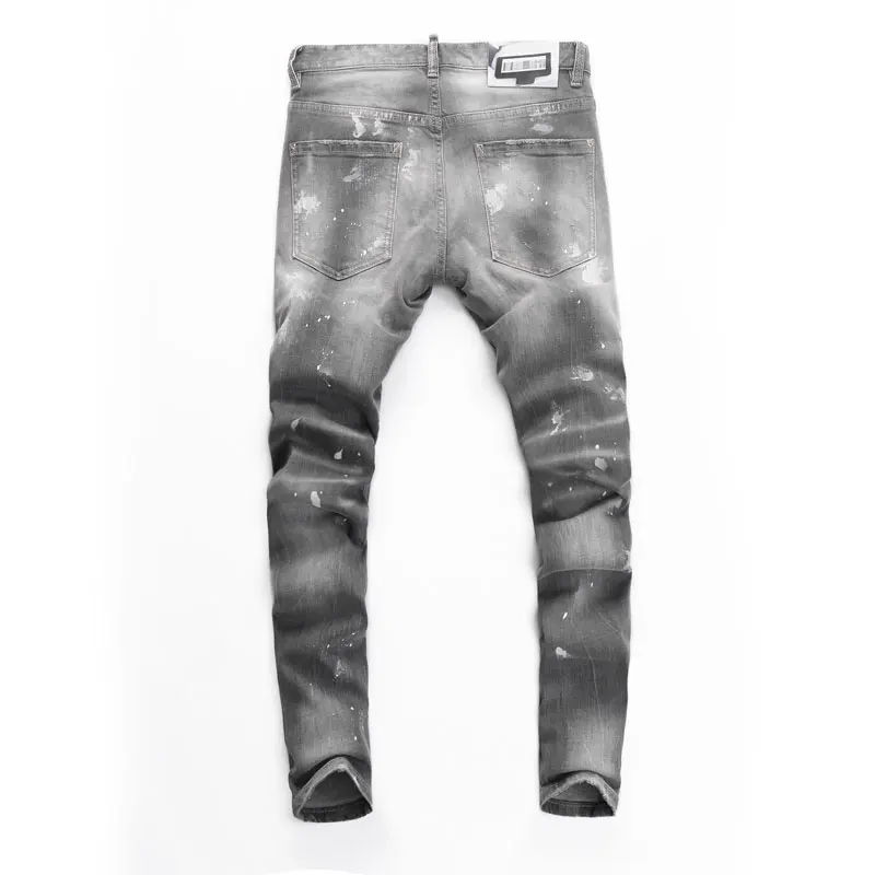 Street Fashion Men's Grey Jeans High Quality Retro Painted Stretch Tight Tear Jeans Men's Splicing Designer Hip Hop Brand Pants