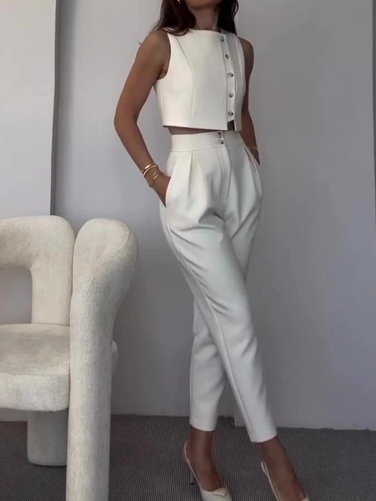 Women Two Piece Sets Long Pants Sets Loose Sleeveless Vest Tops Button High Waist Straight Pant Elegant Splice Summer 2024