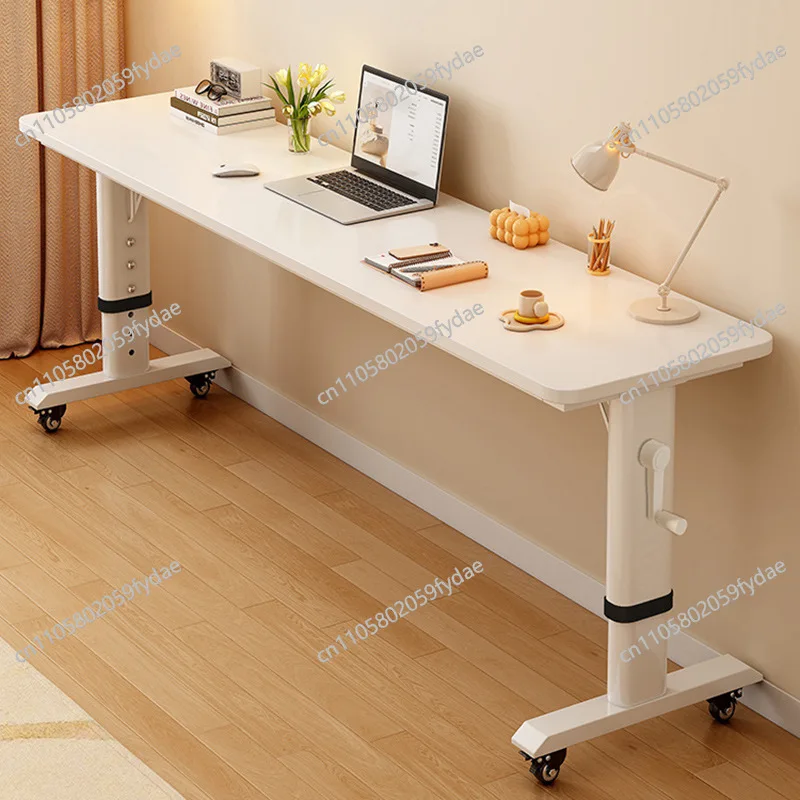 Adjustable Overbed Laptop Desk with Wheels | Bedroom Furniture Rolling Computer Table | Hand Crank Solid Wood Desk