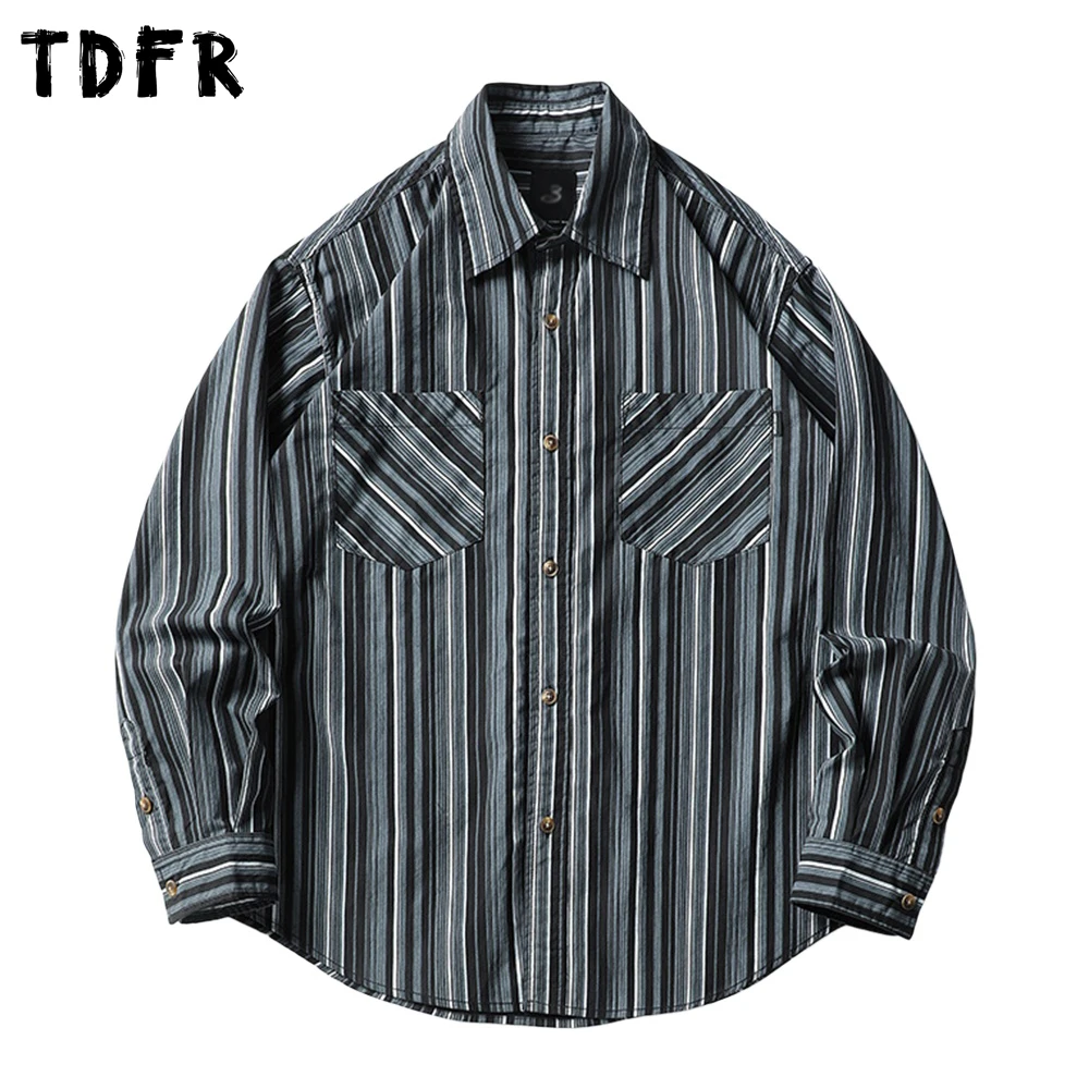 

Рубашки с длинным рукавом в полоску и карманами, мужские осенние повседневные рубашки в стиле ретро, свободные однобортные рубашки с изогнутым подолом и лацканами, мужские рубашки