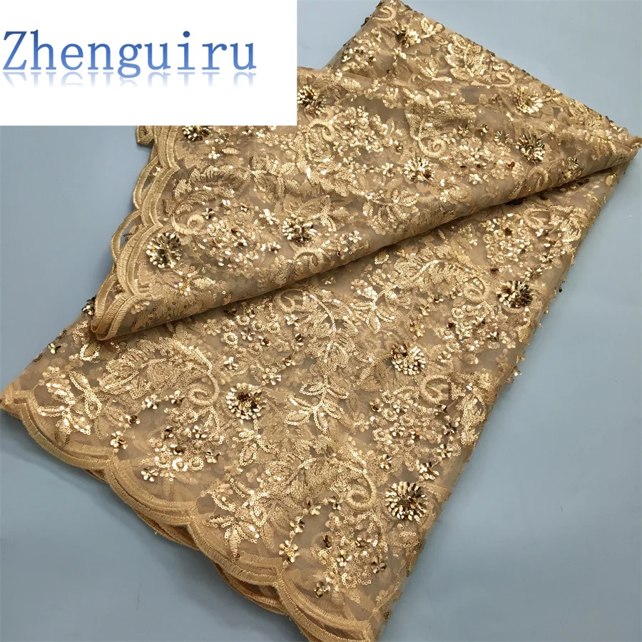 Zhenguiru African Sequins Lace Fabric 5Yard 2024 High Quality Embroidery Nigerian French Mesh Tulle Lace Fabric for Sewing A3967