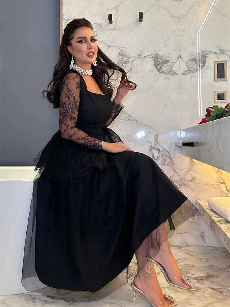 Luxury Black Lace Women Prom Gowns Sexy Square Neck Layers Party Dresses Fashion Long Sleeves Ball Gown Female Vestidos Robes