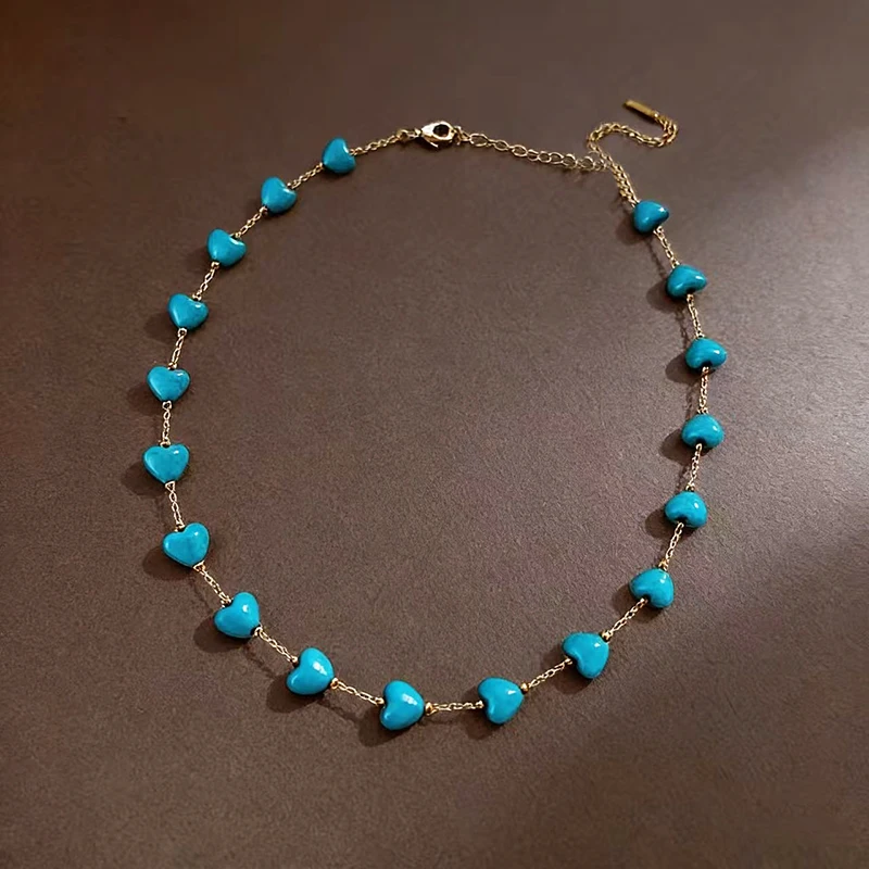 Retro Türkis Herzförmige Edelstahl-Halskette in Goldfarbe für Damen, Sexy Choker Schlüsselbein-Kette Schmuck-Accessoire – Detail 12