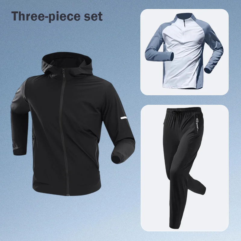 

Новый мужской спортивный костюм для бега из трех предметов, быстросохнущий, весна-лето, для фитнеса, утренних тренировок, бега и велоспорта