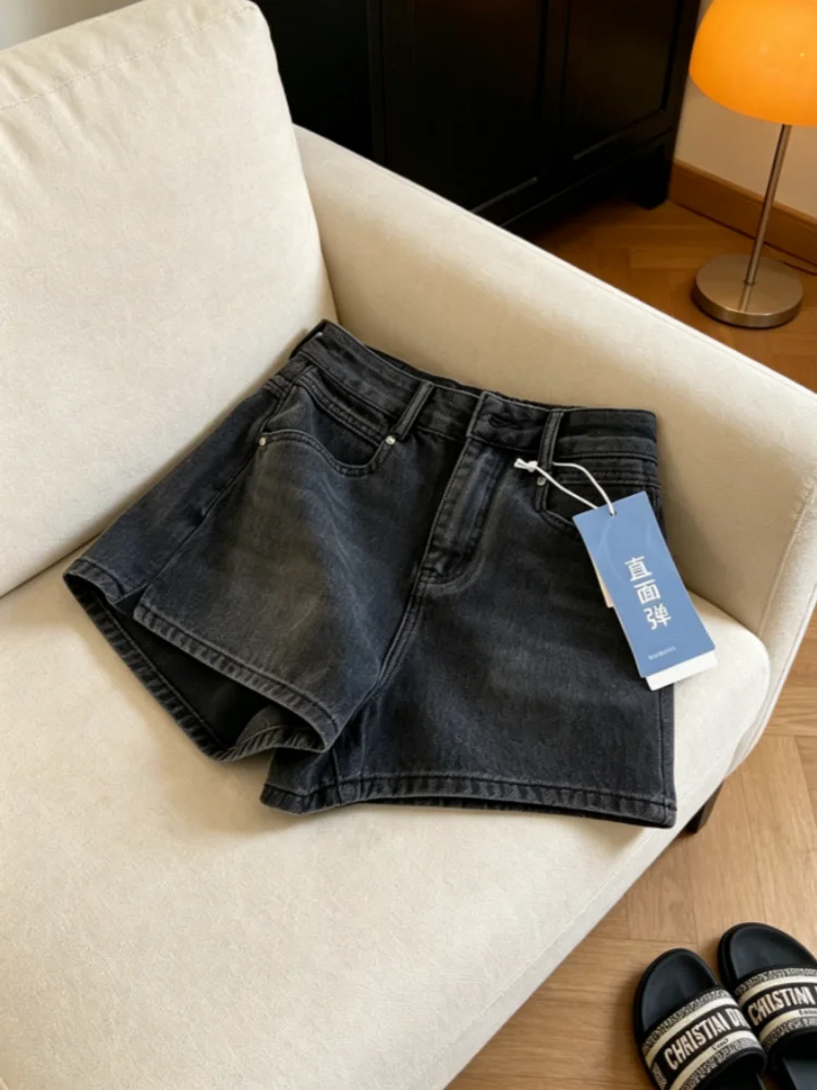 High Waist A-Line Denim Shorts Women's Summer Thin Large Size Casual Loose Slimming Hot Pants Black Grey Split Jeans Shorts