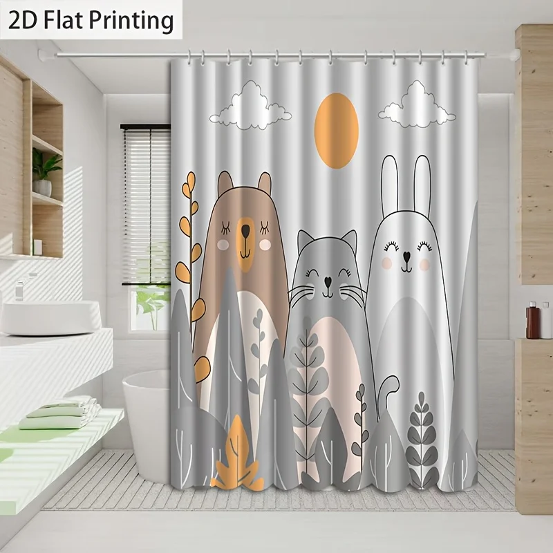 Kids Forest Animal Shower Curtain, Neutral Tone Wildlife Art Design For Gentle Lovely Household Bathroom Decoration