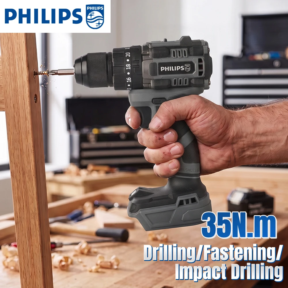 Philips DCD795 Brushless Drill - 20V,70Nm Torque,0-2200rpm, Infinite Speed,for Precise Wood & Metal Drilling with Ergonomic Grip