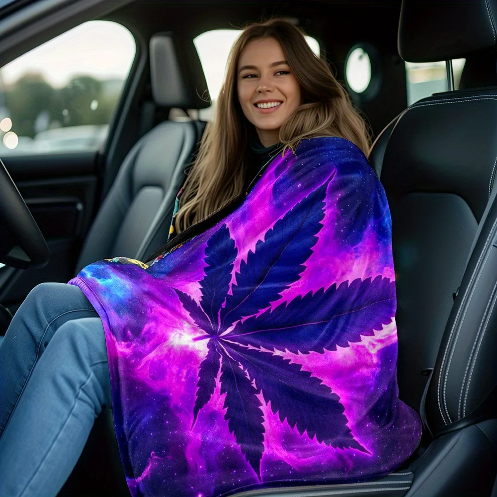 Purple galaxy cannabis leaf flannel blanket psychedelic space design cool hipster blanket for adults bedroom decor unique gift