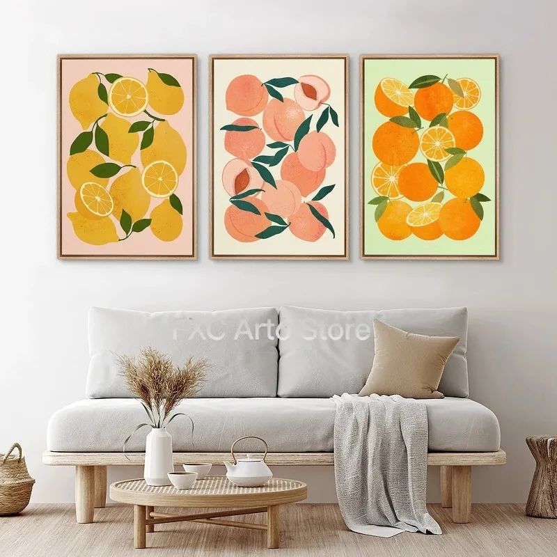 3PC frameless  Canvas Wall Art Set of 3 Lemon Peach Orange Fruits Prints Minimalist Modern Art Kitchen Wall Decor Preppy Room De