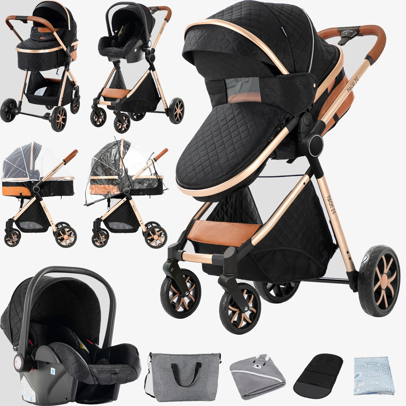 Sistema de viagem combinado para carrinho de bebê 3 em 1 com berço, assento de carro, dobrável e compacto, estrutura leve, tecido respirável, rodas silenciosas, suspensão confortável, encosto multiposições, capota com proteção UV para recém-nascidos e cri