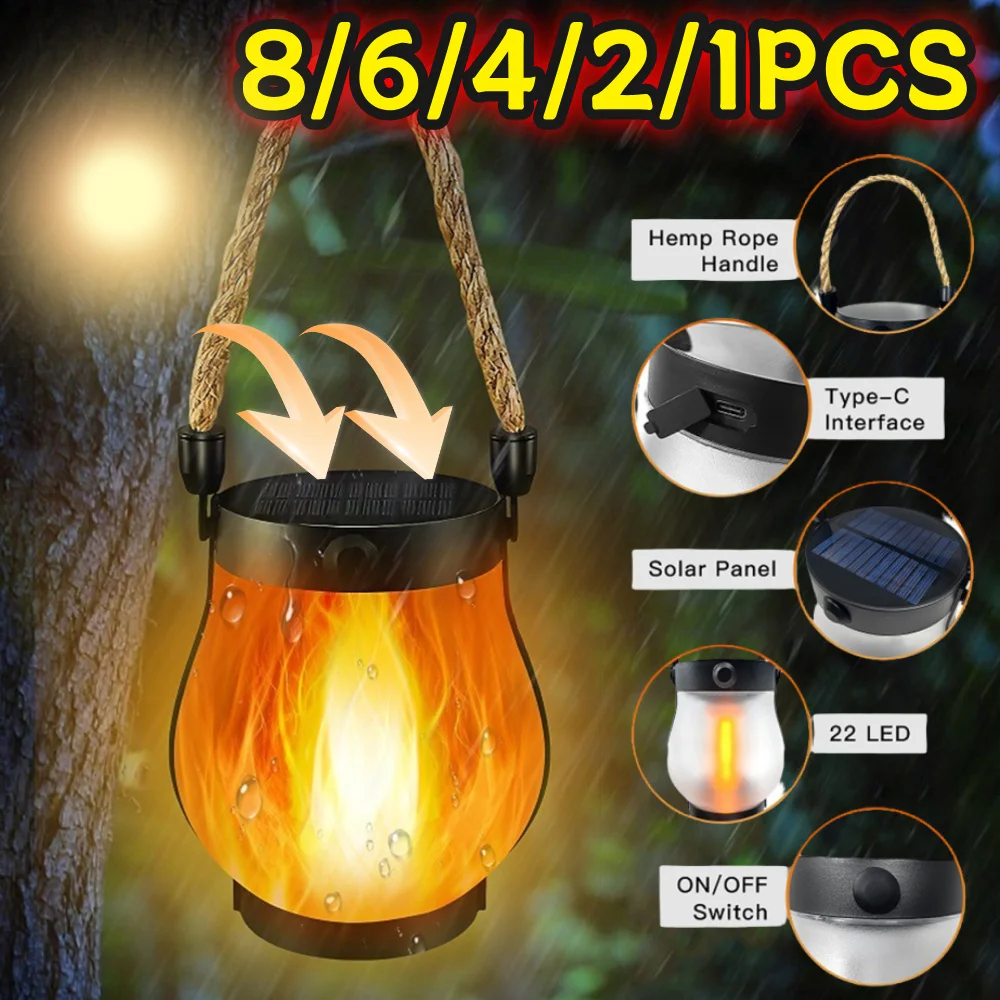Solar Flame Light Flickering Camping Light Charging USB Garden Lantern Solar Powered Atmosphere Light for Walls Patios Pathways