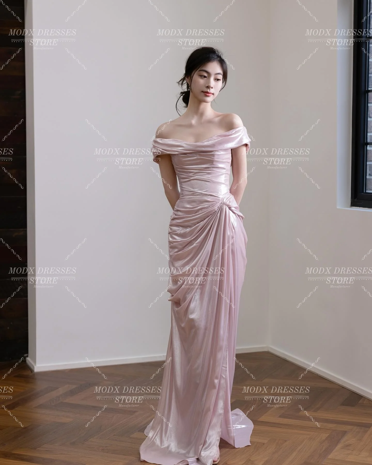 MODX فستان زفاف كوري بسيط وردي عاري الكتفين على شكل حرف a فستان زفاف ثنيات لالتقاط الصور مخصصة فيستدوس نوفيس بودا Wo