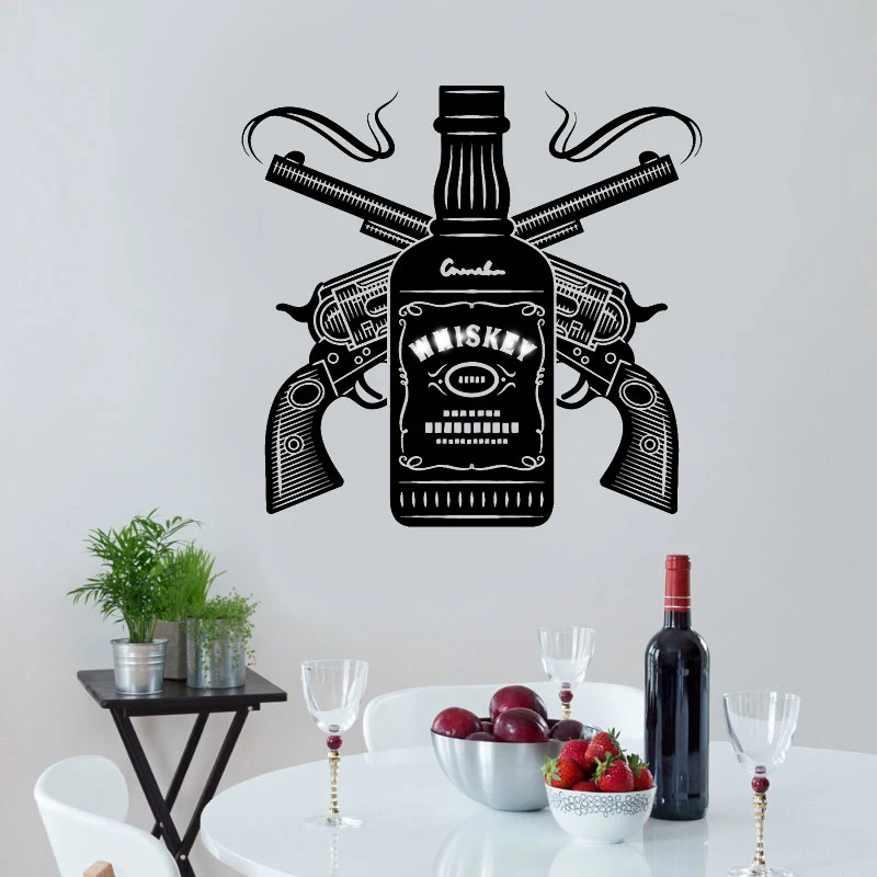 High quality vinyl wall stickers, bar decoration, wine bottle double gun decals, home and restaurant fashion art wall stickers