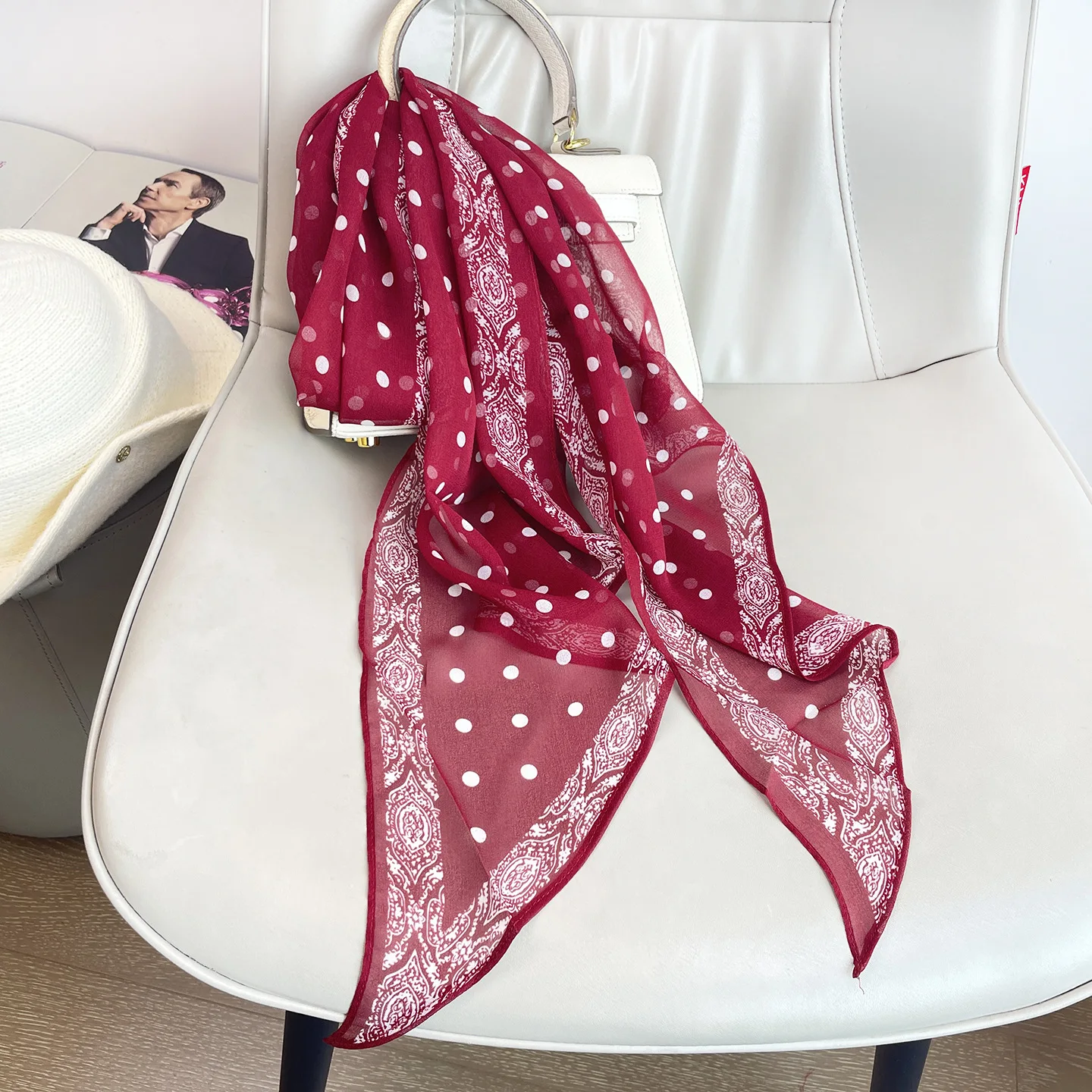 

100% Silk head handkerchief for women spring autumn black white red polka dot print neck scarf ladies summer accessory