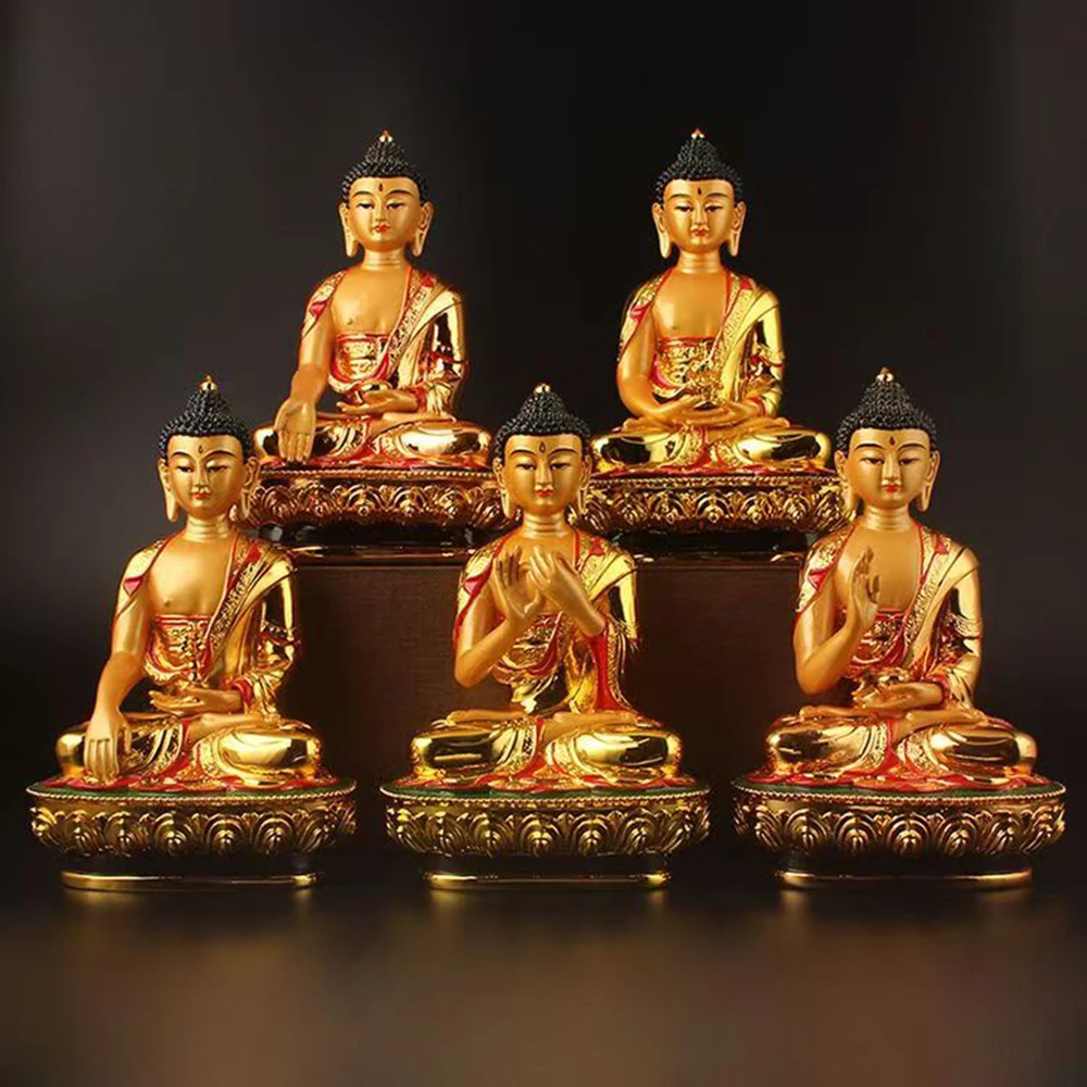 Tibetan Five Dhyani Buddhas ornament, Shakyamuni Medicine Buddha Vairocana Buddha Resin sculpture, Home Buddhist ornaments, 21cm