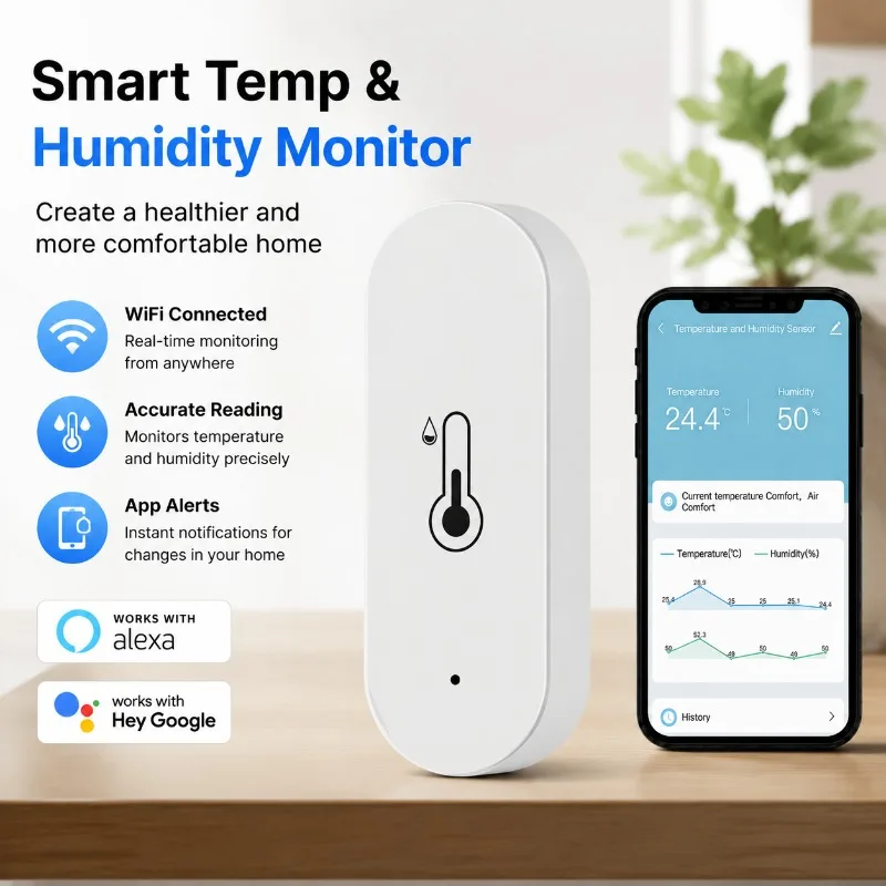 WiFi Smart Temperature Humidity Meter Voice Query Thermometer Hygrometer Compatible with Alexa Google Assistant Remote Indoor