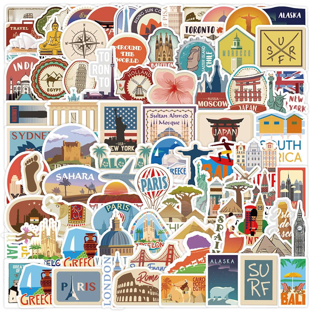 

10/30/50/100pcs Retro World Famous City Landmark Stickers Cartoon Travel Landscape Decals Scrapbook Guitar Phone Sticker Packing