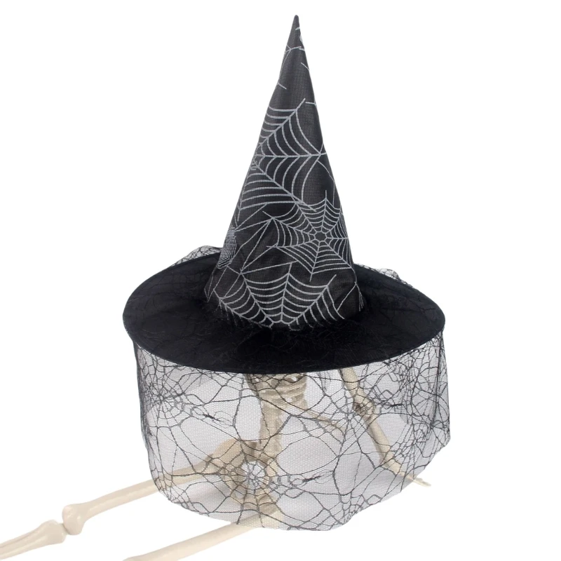 Halloween Party Witch Hats Cobweb Glitter Ruffled Sheer Pointed Hat Cosplay Accessory Unique Witch Hat